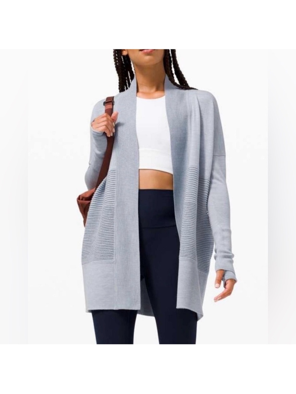 lululemon athletica Sit in Lotus wrap blue/gray Ribbed  Cardigan 💯 merino